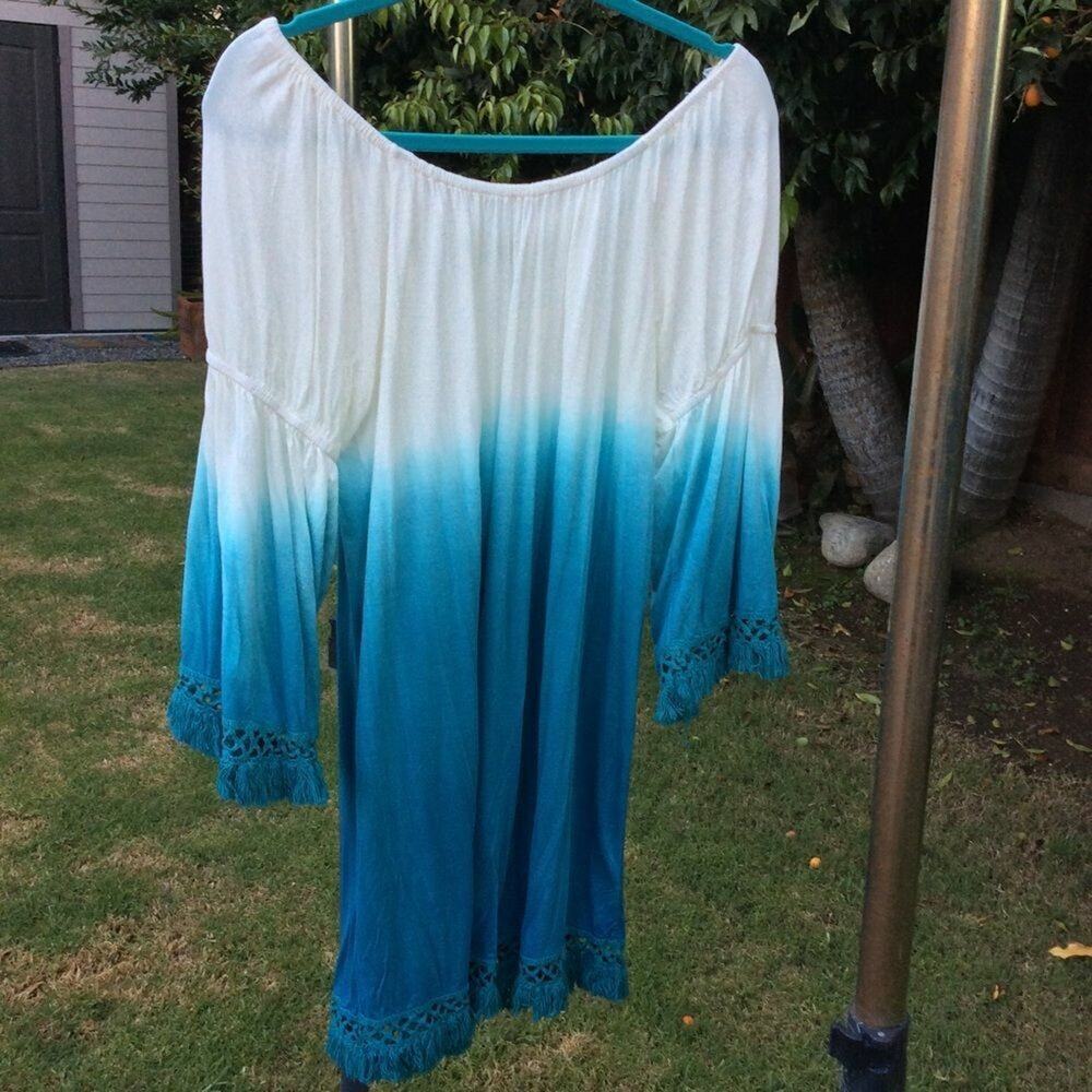 NWT BOHO OMBRÉ TIE DYE FRINGED ON/OFF SHOULDER PEASANT DRESS